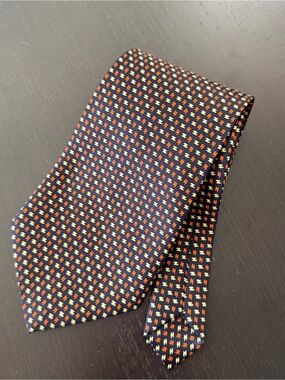 Rene Chagal Vintage Handmade Silk Men's Navy Tie Orange and Cream Micro Pattern